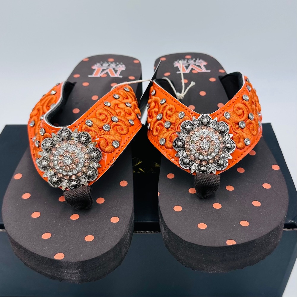 Montana West Flip Flops Womens 10 Orange Polka Dot Rhinestone Concho Platform